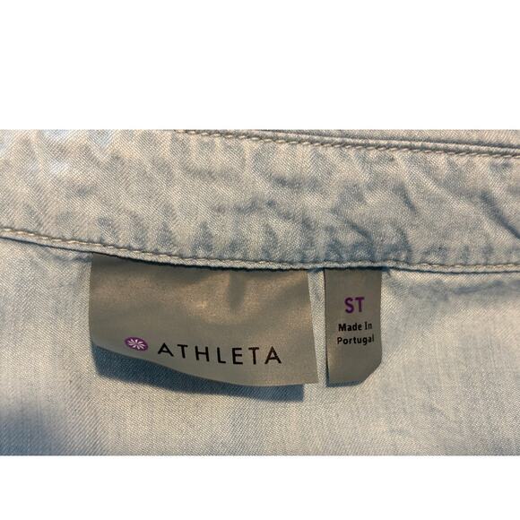 ATHLETA Chambray Shirt Dress L/S Drawstring Waist Pockets Curved Hi-Lo S Tall - Picture 7 of 7